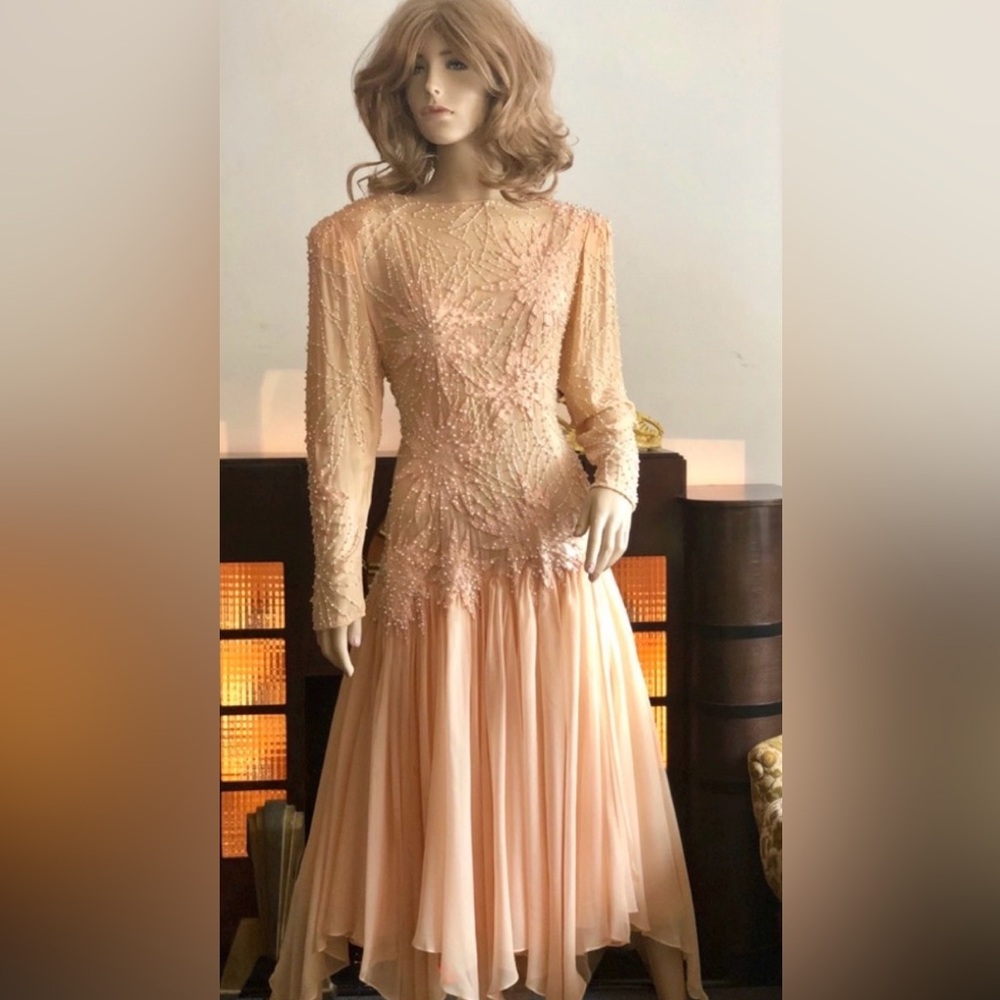 Elegant Pearl Embellished Cream Dress